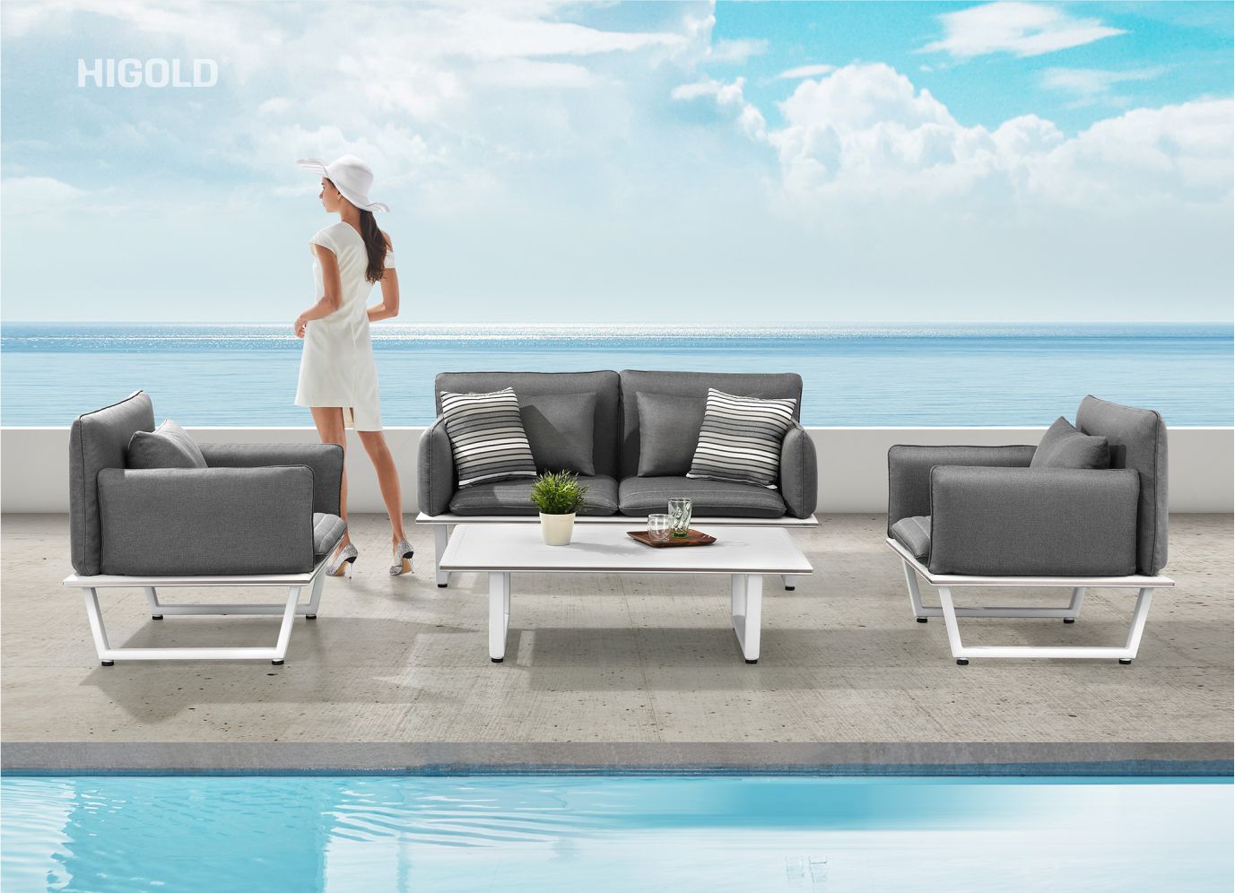 Sophia 2.0 patio sectional sofa for 5 green cushions, sintered stone